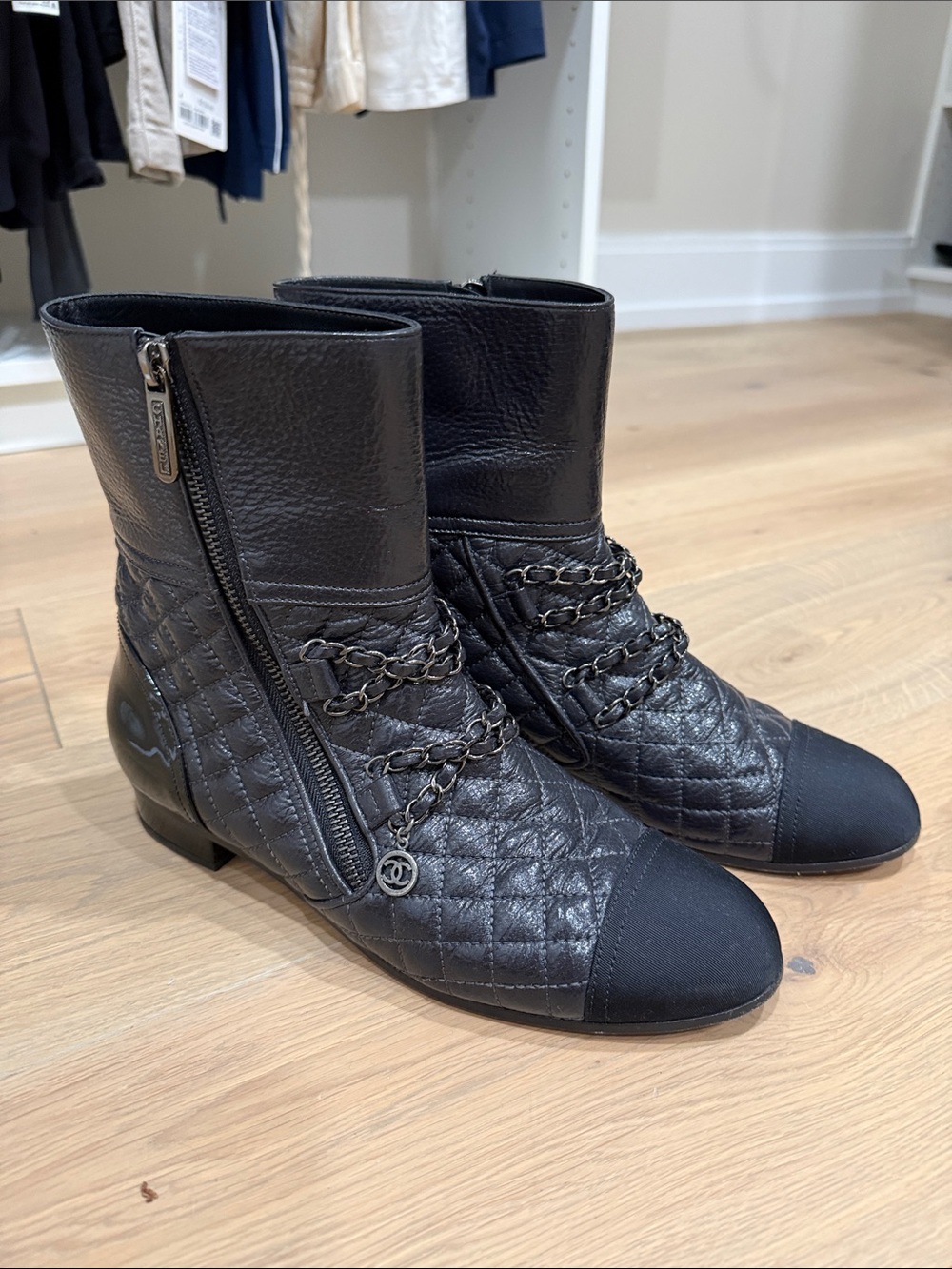 CHANEL Black Quilted Leather Chain-Detail Ankle Boots